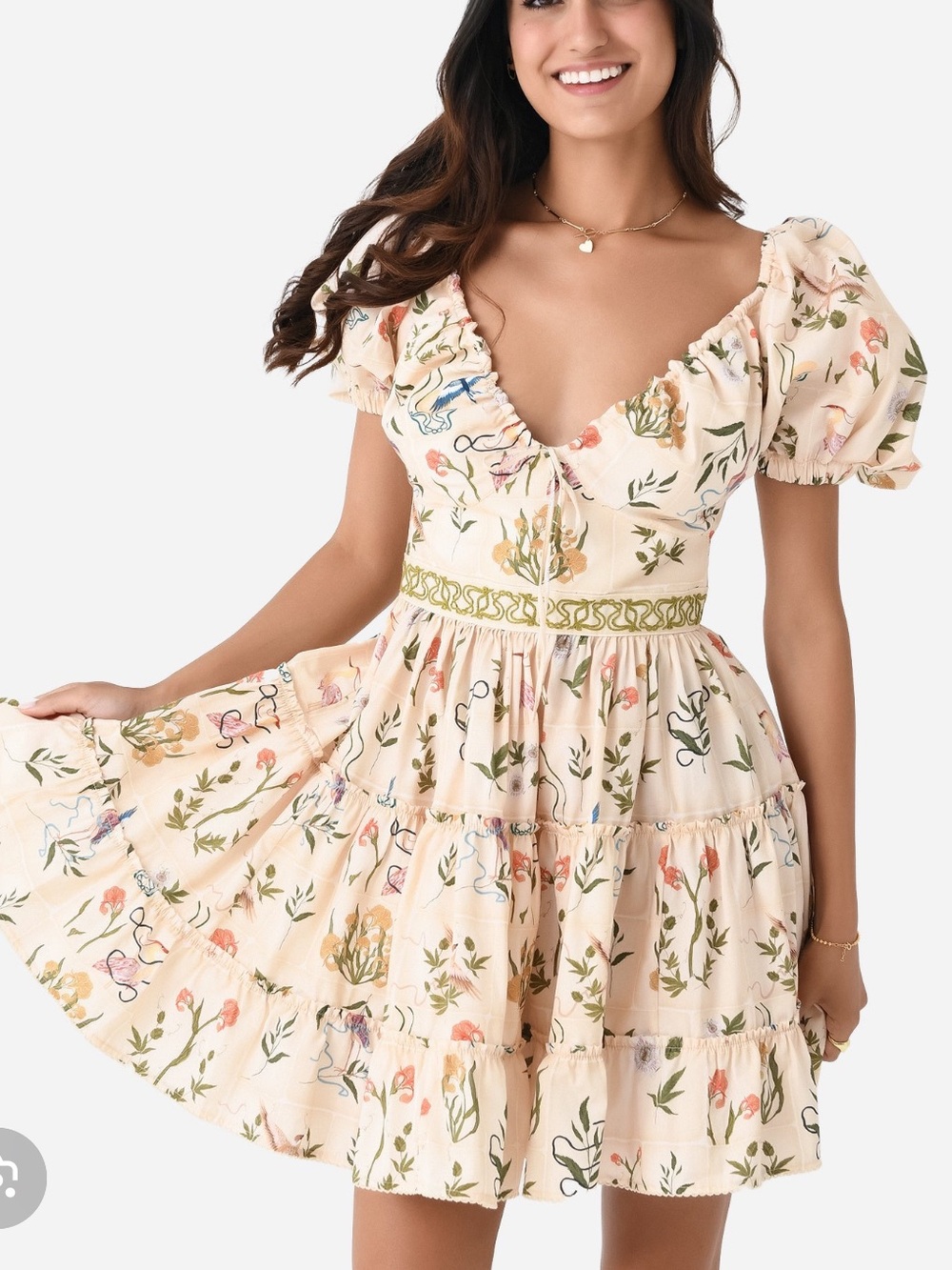 Agua by Agua Bendita Cream Floral Puff-Sleeve Mini Dress